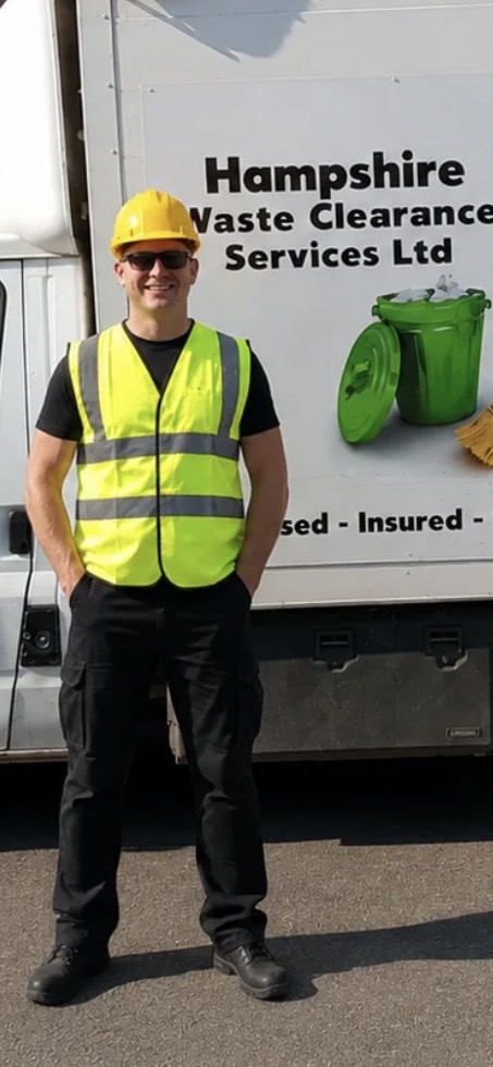 Jason, owner of Hampshire Waste Clearance Services, standing beside the company's branded waste clearance truck.